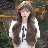 Perruque avec cheveux bouclés ondulés, cheveux longs bouclés élégants de style Lolita, perruque couvrant toute la tête. Gris-brun noisette