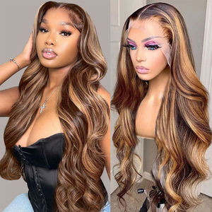Perruque naturelle noire avec mèches blondes, mélange de couleurs, ondulée, bouclée, pré-épilée, avec dentelle transparente HD, en cheveux humains vierges bruts - Product Image 2