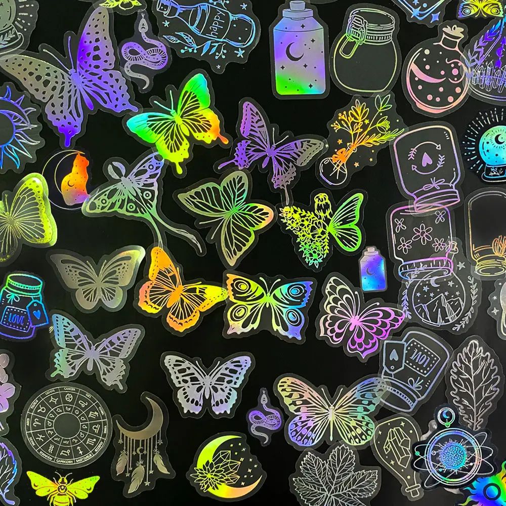 Hot 50pcs Holographic Glitter Sticker Transparent PET Butterfly Plant Flower Scrapbook Journal Aesthetic DIY Die Cut Stickers