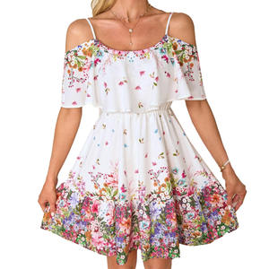 Robes d'été pour femmes à épaules dénudées Sweet Casual Dresses à volants Mini <span class=keywords><strong>robe</strong></span> plissée à imprimé élégant - Product Image 6