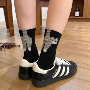 Calcetines Largos de Mujer para Primavera/Verano, Blancos, con Diseño de Gato de Dibujos Animados, Tejidos en Poliéster y Algodón, Absorbentes de Sudor, Lindos y Divertidos - Product Image 2