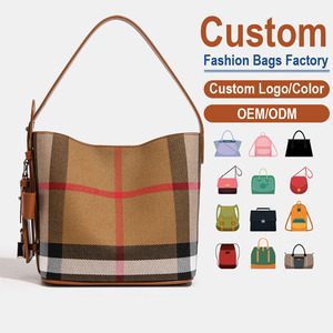 Custom Plaid <b>Canvas</b> Bucket Bag Fashion Women's Tote With Adjustable Strap OEM ODM Available - Product Image 1