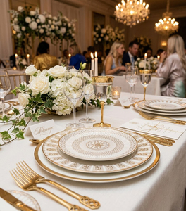 Service <span class=keywords><strong>de</strong></span> <span class=keywords><strong>table</strong></span> en céramique blanc et or <span class=keywords><strong>de</strong></span> luxe, assiettes en porcelaine à bordure géométrique, vaisselle <span class=keywords><strong>Art</strong></span> Déco pour mariage, hôtel, maison, banquet - Product Image 6