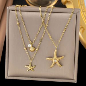 Collar de Acero Inoxidable Impermeable con Baño de Oro de 18k, Doble Capa, Diseño de Concha y Estrella de Mar, Ideal para Regalo - Product Image 1