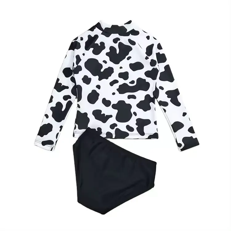 Protezione solare modello mucca stampato a vita alta due pezzi per ragazze manica lunga Rash Guard per bambini costumi da bagno