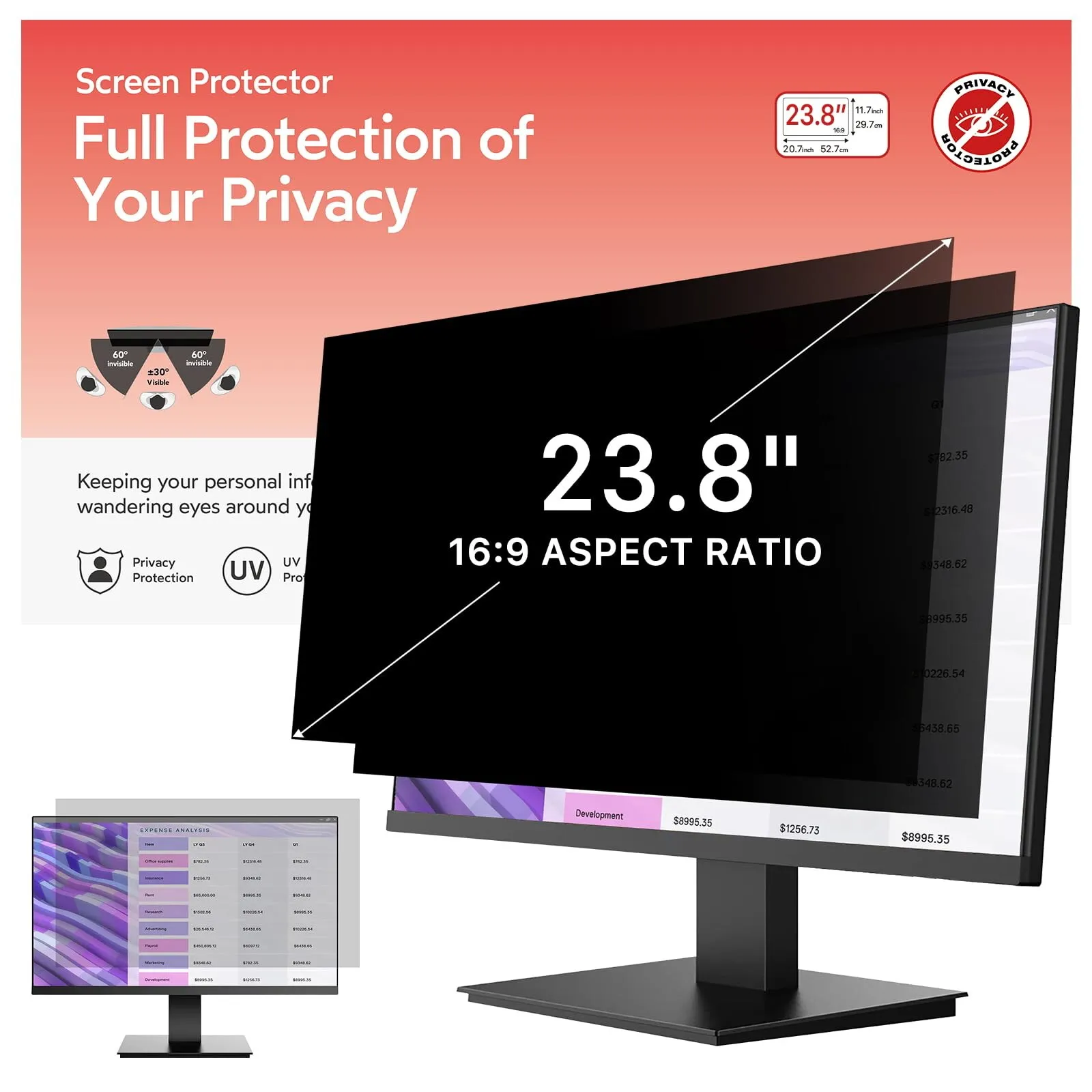 23.8 pollici rimovibile schermo Privacy del Computer filtro per 16:9 Widescreen Monitor del Computer antiriflesso antigraffio blocco UV