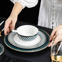 Assiettes à dîner en céramique fantaisie vertes et blanches avec impression dorée, assiettes rondes en porcelaine, service de vaisselle pour mariages, fêtes, restaurants