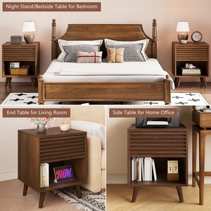 Modern Wood <strong>Mid</strong> <strong>Century</strong> Fluted 2 Tiers <strong>Bedside</strong> <strong>Table</strong> Nightstand with Solid Wood Legs for Bedroom Living Room - Product Image 3