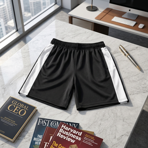 Shorts de sport noirs pour hommes avec bandes latérales blanches, taille élastique, séchage rapide, en polyester tissé, taille mi-haute, short athlétique - Product Image 2