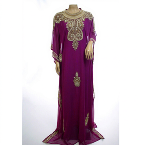 <b>Purple</b> Solid Floor Length Beaded Long Sleeve High Neck Modest Polyester <b>Plus</b> <b>Size</b> <b>Dress</b> Middle East Style Women's Party Wear - Product Image 1