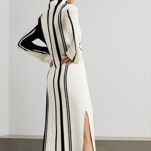 Produttori di Maglieria: Abito <span class=keywords><strong>in</strong></span> <span class=keywords><strong>Maglia</strong></span> a Collo Alto con Maniche Lunghe e Spacco Laterale, Design a Righe Contrastanti, <span class=keywords><strong>Vestito</strong></span> Midi Casual da Donna - Product Image 2