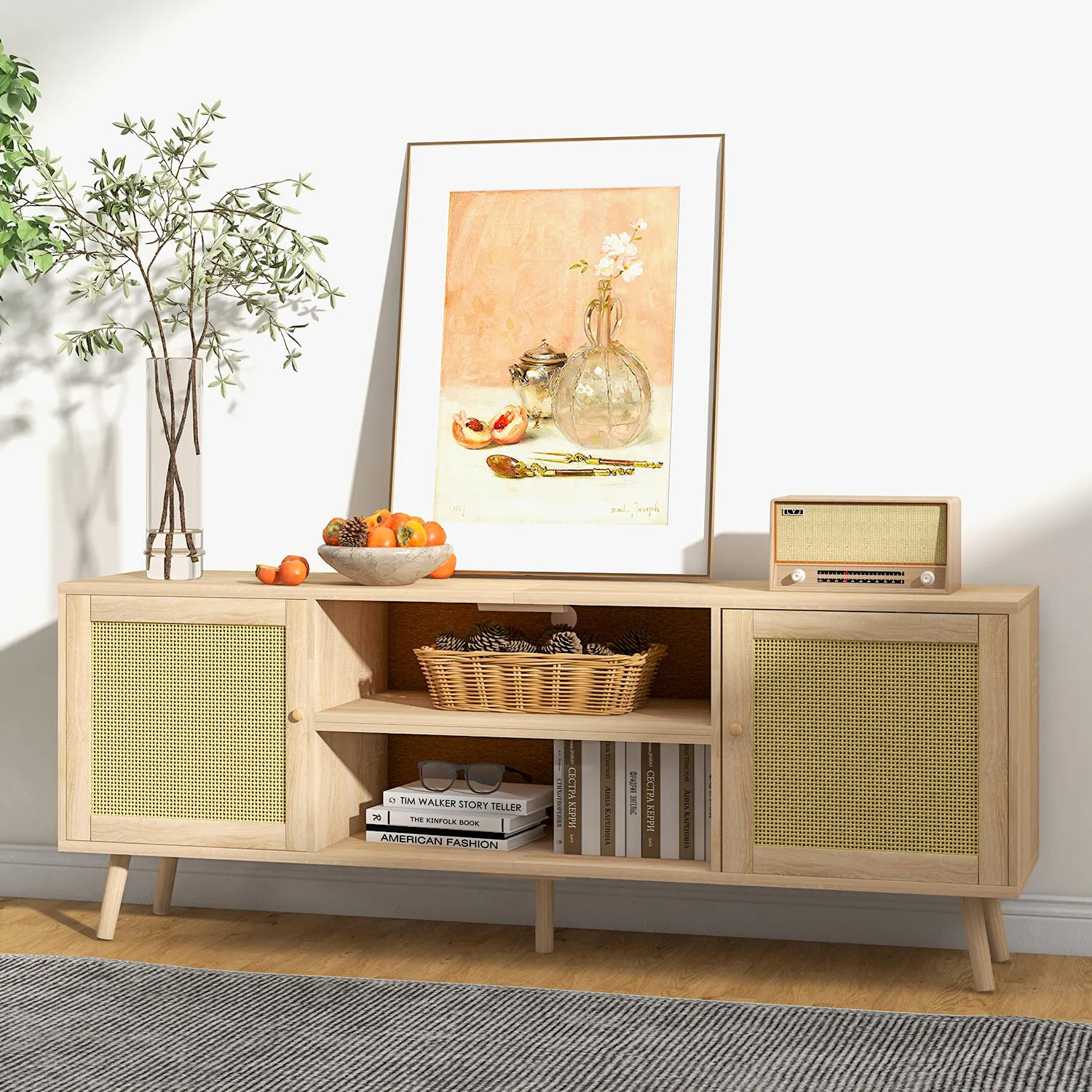 Console multimédia de style Boho Console TV avec étagère réglable et deux portes coulissantes en rotin Meuble TV