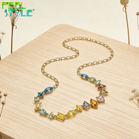 Collier fantaisie géométrique entièrement personnalisé avec pierres précieuses CZ colorées, chaîne ovale en acier inoxydable 316 plaqué or PVD épais