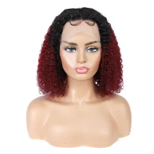 Kbeth Colored Human Hair Wigs for Black Women 2021 Fashion Red Wine Color Kinky Curly Short Bob 10 Inch Lace Frontal Wig Vendo