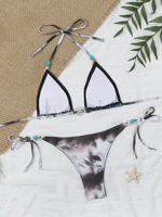 Ensemble bikini triangle léopard vintage avec pierres turquoise, liens latéraux, style bohème, maillot de bain deux pièces pour femme, service OEM de haute qualité