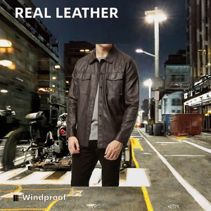 Chaqueta de Cuero Genuino para Hombre, Cuello Camisero, Corte Regular Corto, Cierre de Cremallera, Bolsillos Delanteros, Ropa Exterior Casual de Motocicleta para Otoño - Product Image 2