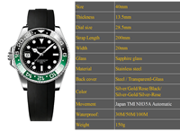 Montre de luxe noire pour homme, mouvement automatique, bracelet en silicone, étanche, style plongée, montres-bracelets OEM
