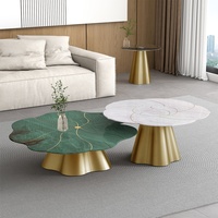 Ensemble de tables basses en marbre feuille de lotus - Plateau en marbre vert et blanc avec bases en métal doré pour salon moderne