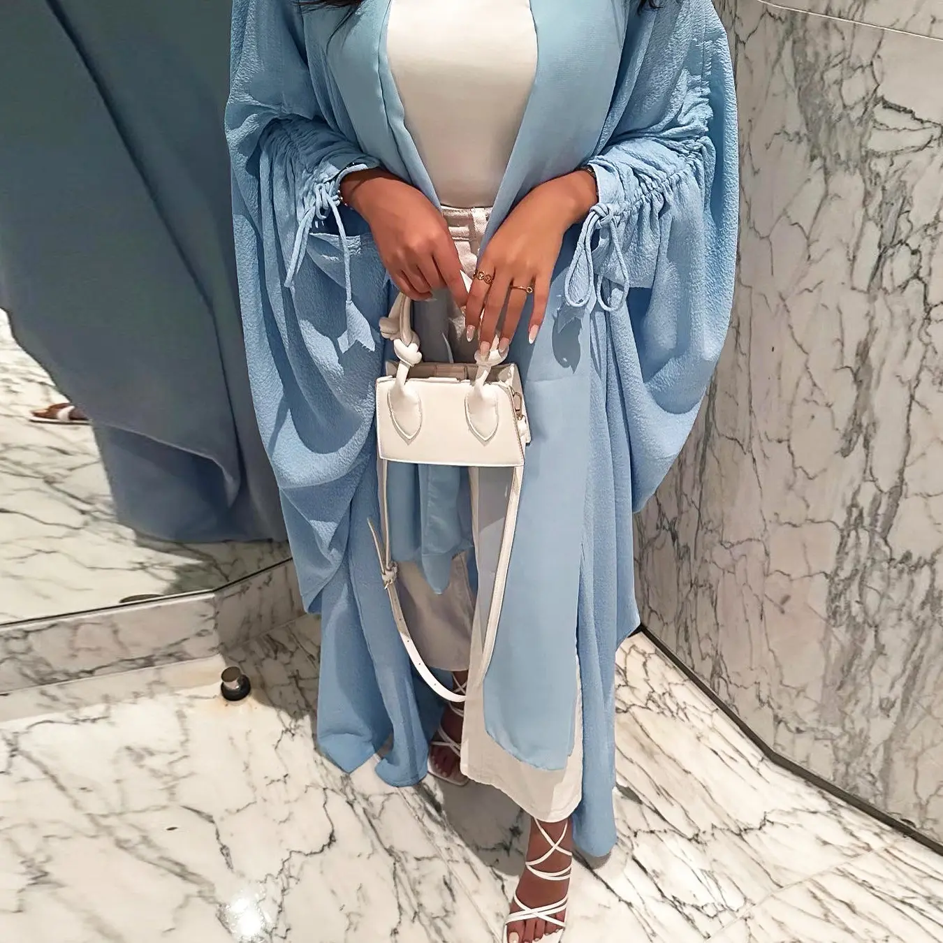 Yarasa kollu rahat büyük Abaya hırka palto mütevazı orta doğu moda müslüman Dubai katı İpli