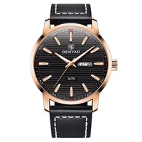 Benyar 5145 3ATM Wasserdichte Multifunktions-Chronograph Quarz-Armbanduhr mit schwarzem Lederarmband für Herren