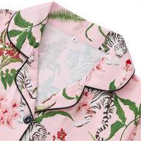 Ensemble de pyjama 2 pièces élégant pour femme, imprimé floral, en mélange polyester élasthanne, taille élastique, col rabattu, taille mi-haute, long, idéal pour l'été