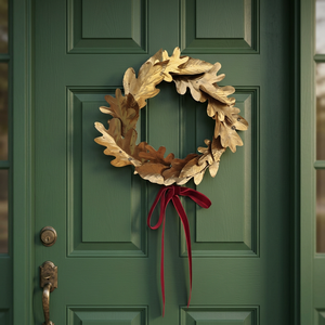 Corona de Hojas de Roble Doradas, Decoración Colgante de Pared, Adorno Navideño de Metal Hecho a Mano, Estilo Clásico con Cinta Roja - Product Image 3