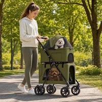 Poussette pliable pour animaux de compagnie à 4 roues réglable à double étage, chariot de voyage 3-en-1 avec porte-animal amovible, toutes saisons, pour chiens