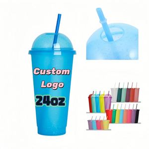 Gobelets réutilisables personnalisables avec logo, couvercles à dôme et pailles, 24 oz, en plastique, pour café glacé, voyage, anniversaires et fournitures de fête - Product Image 1