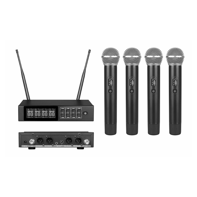 New Technology 4-Channel Wireless Microphone Cheap Price UHF Frequency Adjusted ID Locked Noise Cancelling Portable Metal Stage