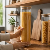 Pot à pâtes en verre borosilicate transparent avec couvercle en bambou, impression sérigraphique couleur personnalisée, récipient de stockage alimentaire pour comptoir de cuisine