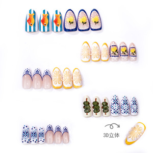 Faux ongles en gel souple faits main, motif été méditerranéen, amande, citron 3D, poisson, olive, bleu floral, pour vacances à la plage - Product Image 3