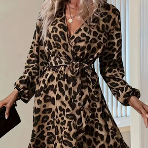 Robe trapèze décontractée pour femme, style européen et américain, imprimé floral, col en V, taille naturelle, laçage irrégulier, en polyester, longueur genou – Grande Vente - Product Image 1