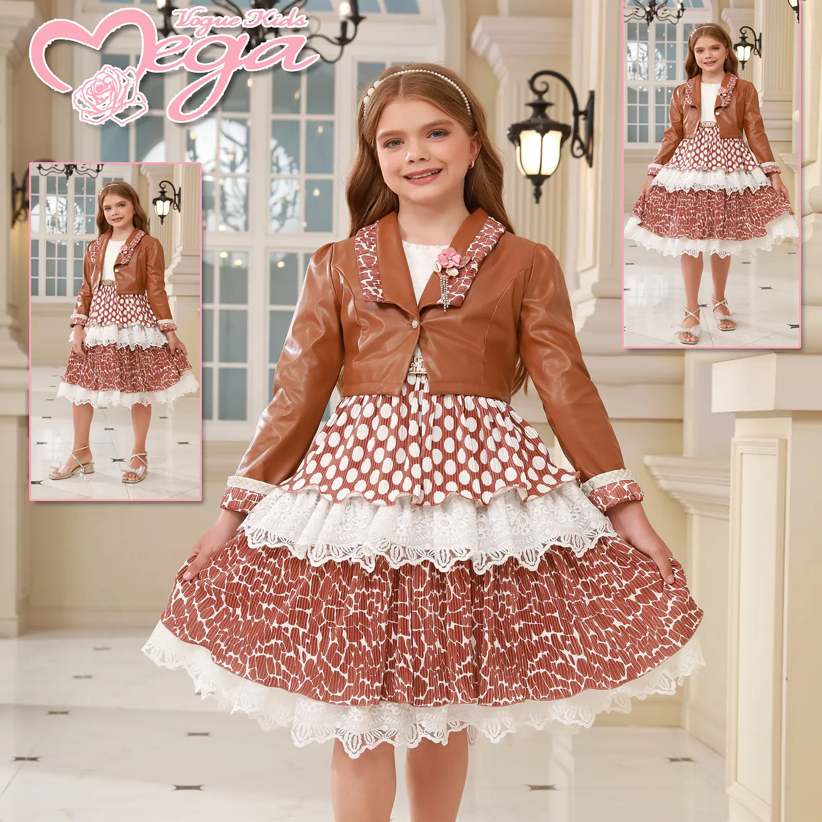 Платье для девочек, новое кожаное пальто 2023 с длинным рукавом, весенне-осеннее детское платье, плиссированная юбка, юбка для торта