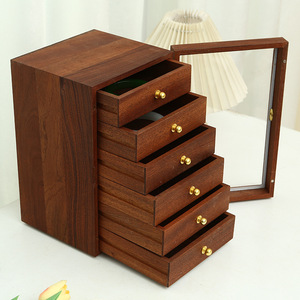 Boîte à bijoux en bois de sapele avec miroir, organiseur de rangement à 5 tiroirs pour la présentation et le rangement des bijoux - Product Image 1