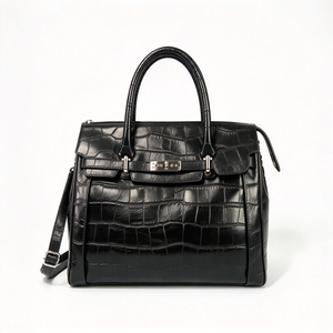 Sac à main noir pour femme en cuir gaufré crocodile avec poignée supérieure, fermoir métallique, bandoulière amovible, grande capacité, sac fourre-tout professionnel pour femme - Product Image 2