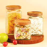 Pot en verre borosilicate gravé vintage avec couvercle en bois d'acacia, hermétique, moderne, pour épices, cadeaux, nourriture, bonbons, café