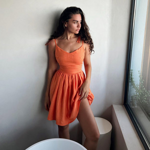 Robe courte en coton sans <span class=keywords><strong>dos</strong></span> à taille haute, nouvelle mode printemps-été, jupe à nouer pour femme - Product Image 3