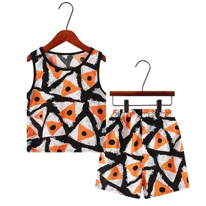 Summer thin children's printed cotton vest suit boys and girls loose sleeveless pamas home clothes two-piece set