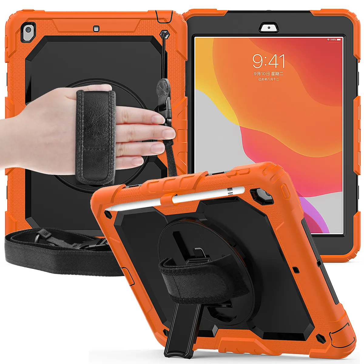 New Model Multi Colors Shockproof Tablet Cover For Ipad 10.2 9th 2021 Case With Shoulder Belt Rotating Fold Handle Grip Stand