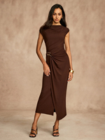 Robe Midi Élégante Marron pour Femme, Col Montant, Taille Froncée, Coupe Ajustée, Robe de Soirée Cocktail Moulante – Fabricant