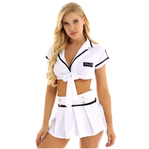 Conjunto de lencería para mujer, disfraz de Oficial policía, uniforme de manga corta, minifalda plisada, 2 uds.