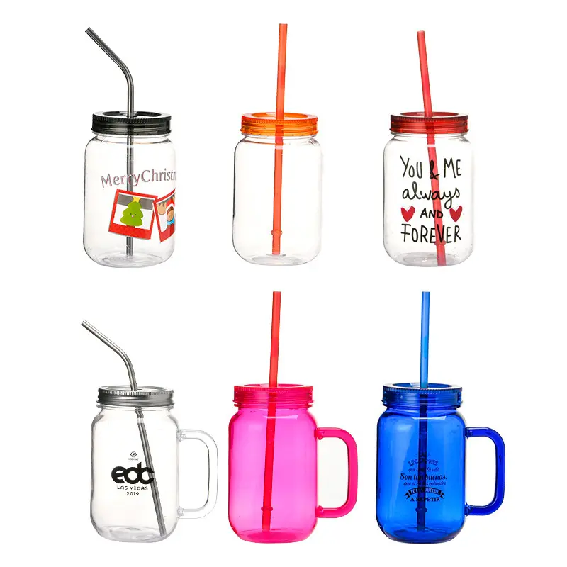 Sans BPA personnalisé acrylique café glacé Mason Jar bouteilles à boire poignée de lait régulière tasse gobelets avec couvercles pailles