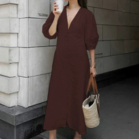 Enyami Robe Courte Femme Chic de Station Française Style Vintage Élégant en Coton et Lin Col V Manches Bouffantes Décontractée et Ample