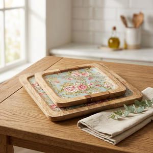 Plateau de service petit-déjeuner de qualité supérieure, motif uni, carré, rectangulaire, en bois d'acacia, peint, compatible lave-vaisselle et micro-ondes, usage commercial - Product Image 1