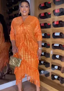 Vestido de Fiesta Casual para Mujer, Estilo Occidental, Holgado, con Cuello en V, Mangas de Murciélago y Flecos Plisados, Talla Grande, Venta al por Mayor de Fábrica - Product Image 3