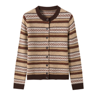 Damen 100% Reine Wolle Fair Isle Strickjacke Rundhals Langarm Vintage Gestreifte Strickjacke mit Individuellem Logo