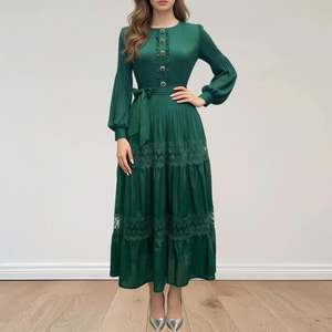 <span class=keywords><strong>Robe</strong></span> longue plissée élégante à manches longues, couleur unie, taille unique, avec dentelle, chic et modeste, collection Printemps-Été - Product Image 1