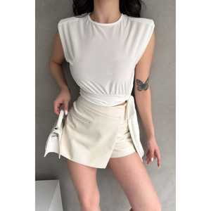 Blusa Elegante para Mujer con Hombros Acolchados, Cintura Ajustada con Cinturón y Diseño de Lazo, Ajuste Elástico, Tela de Poliéster, Uso Diario, Color Blanco - Product Image 4