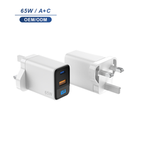 Chargeur GaN 65W avec prise UK, 2 ports USB-A et USB-C, adaptateur mural à charge rapide avec affichage numérique LED de la puissance pour téléphone, tablette, ordinateur portable