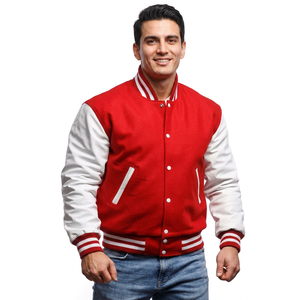 Vestes pour hommes en laine rouge avec manches en cuir blanc, vêtements pour hommes, vestes de style universitaire personnalisées OEM - Product Image 1